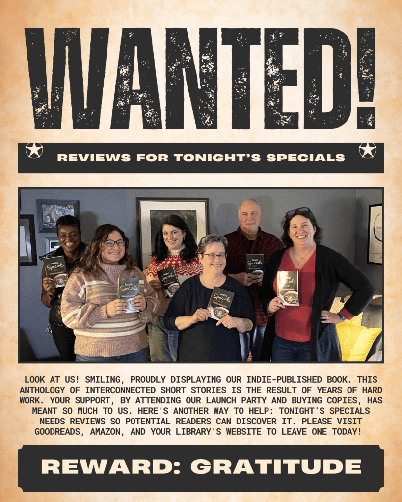Wanted-style poster featuring 6 writers holding copies of their indie published novel & smiling 